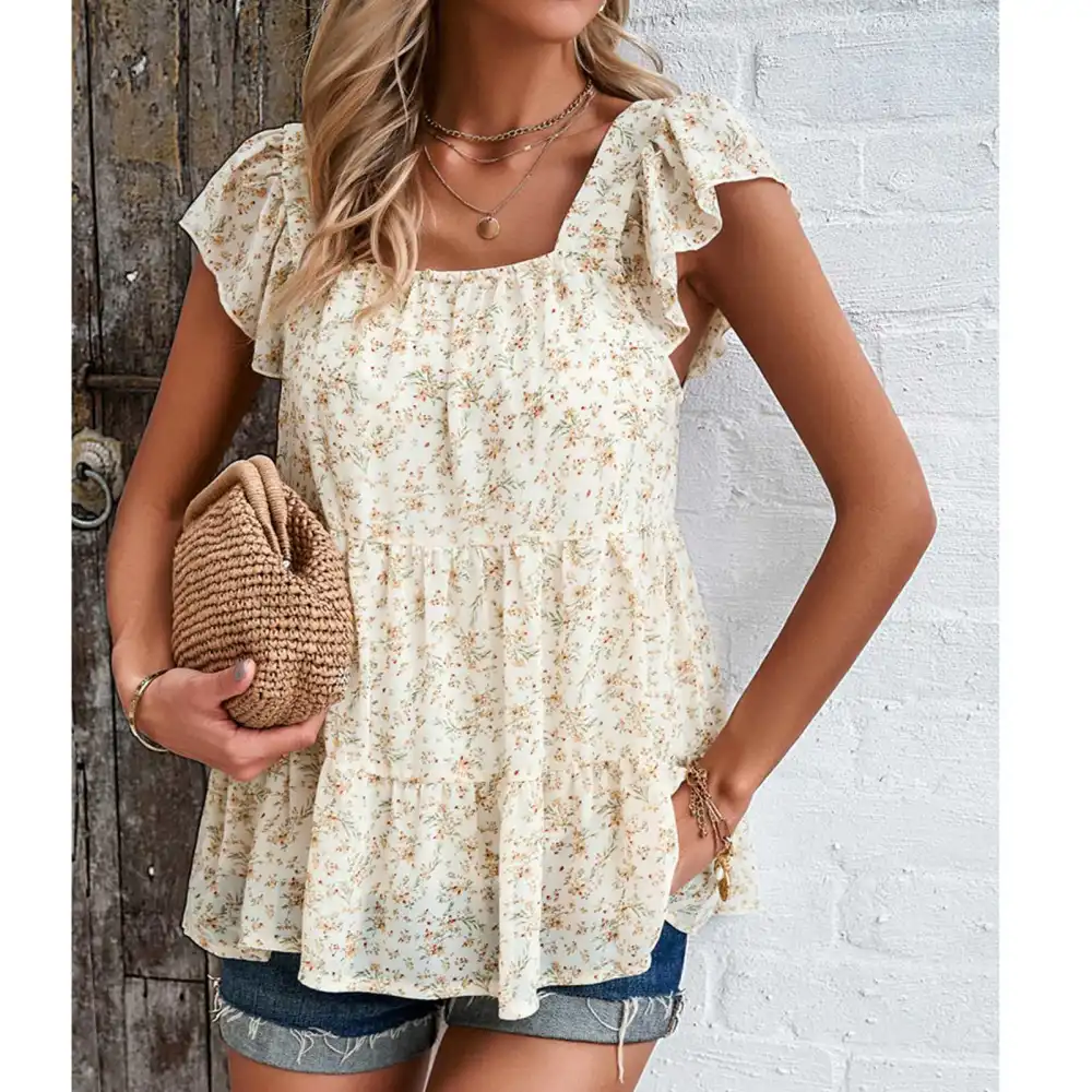 Women Ruffle Sleeveless Blouse Floral Printed Ruffle Sleeveless Blouse for Daily Life Apricot S