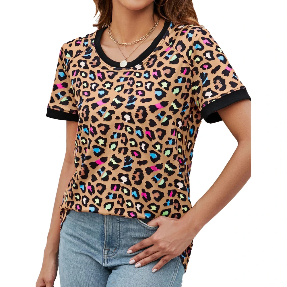 Women Leopard Print T Shirt Short Sleeve Crew Neck Casual Loose Breathable Fashion Summer Basic Tee Top Khaki XL