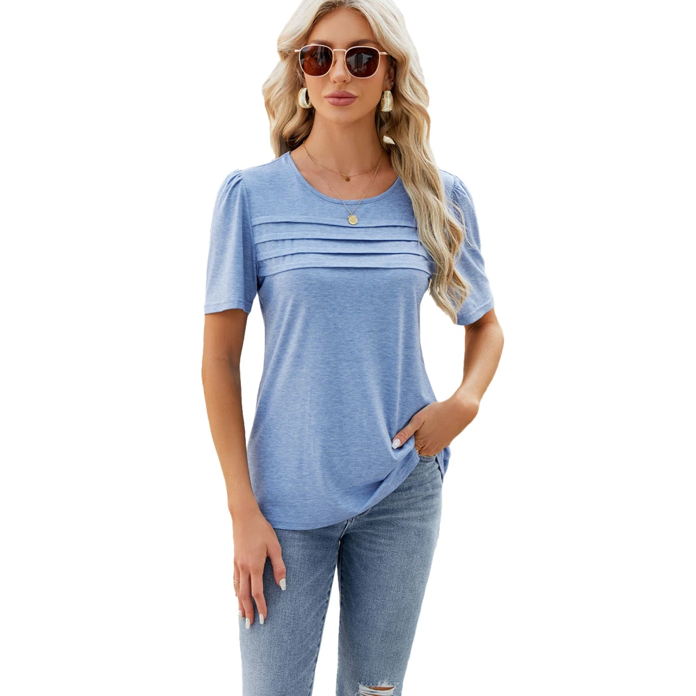 Short Sleeve Round Neck Top Pure Color Casual Versatile T Shirt for Spring Summer Blue L