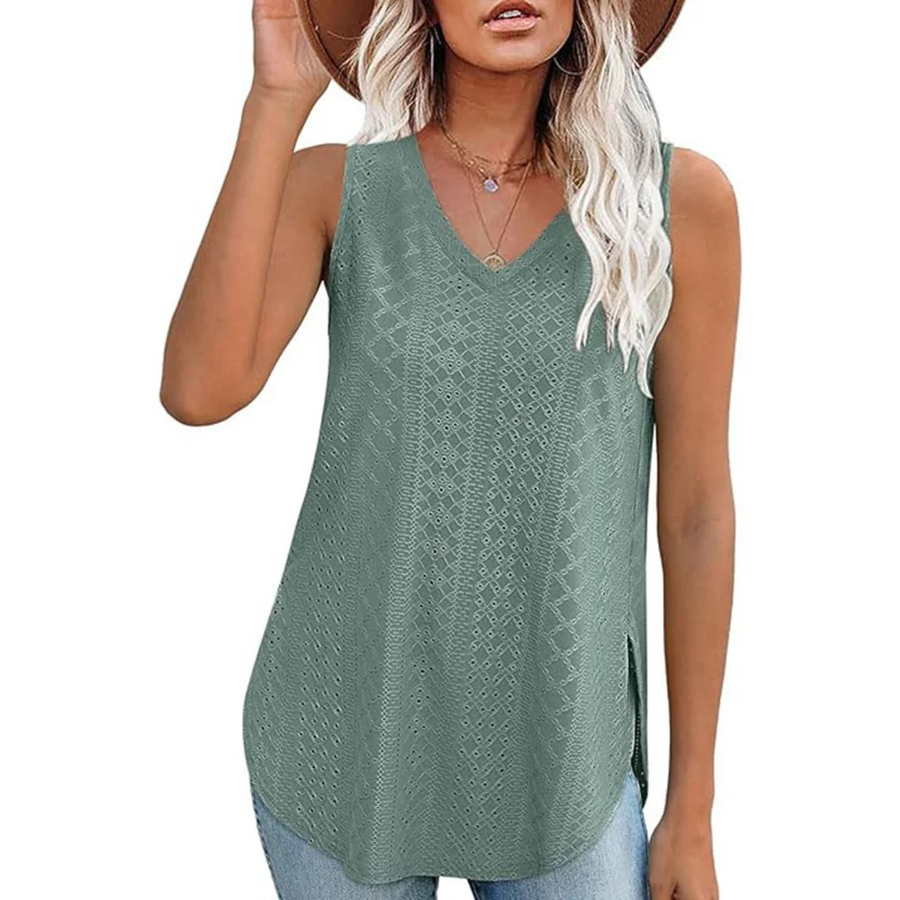 Women Sleeveless T Shirt V Neck Side Split Casual Hollow Out Solid Color Summer Tank Top Dark Green S