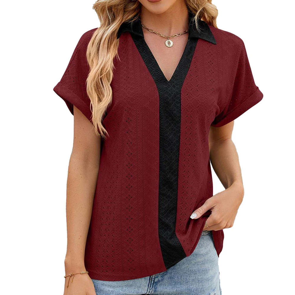 Stripe Color Block Blouse Hollow V Neckline Short Sleeve Color Block Blouse Top for Daily Life Burgundy L