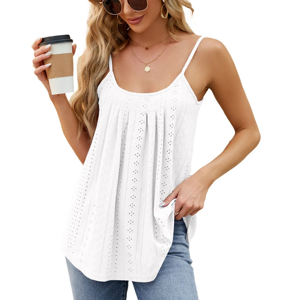 Women Spaghetti Strap Top Pleated Front Sleeveless Loose Fit U Neck Hollow Out Solid Color Summer Camisole Top White XXL