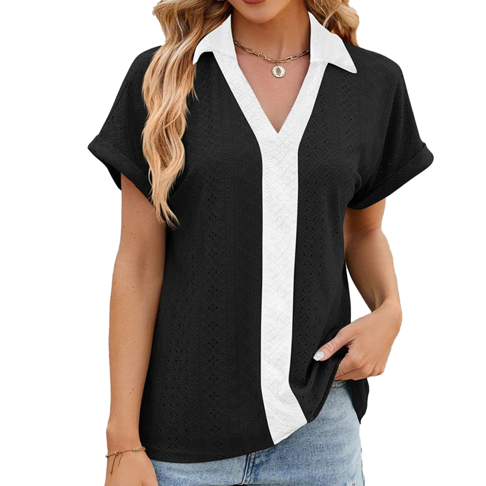 Stripe Color Block Blouse Hollow V Neckline Short Sleeve Color Block Blouse Top for Daily Life Black M