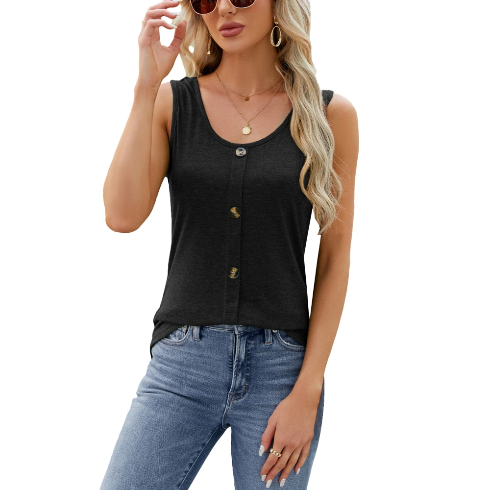 Women Sleeveless T Shirt Crew Neck Button Front Casual Loose Solid Color Summer Basic Tank Top Black L