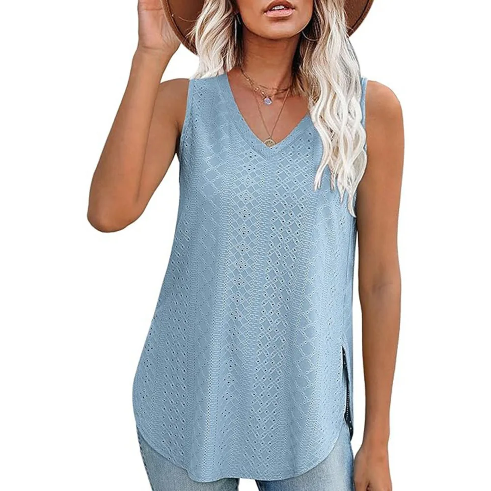 Women Sleeveless T Shirt V Neck Side Split Casual Hollow Out Solid Color Summer Tank Top Sky Blue XL