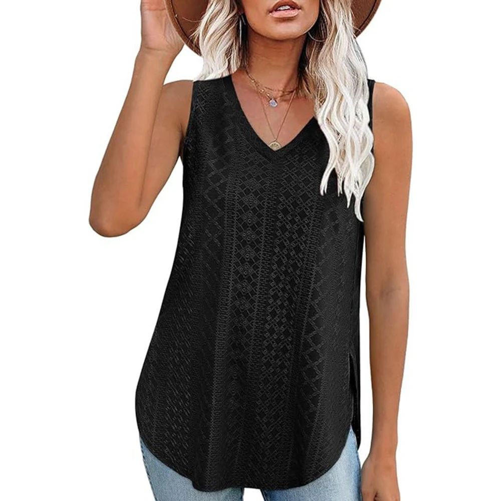 Women Sleeveless T Shirt V Neck Side Split Casual Hollow Out Solid Color Summer Tank Top Black XXL