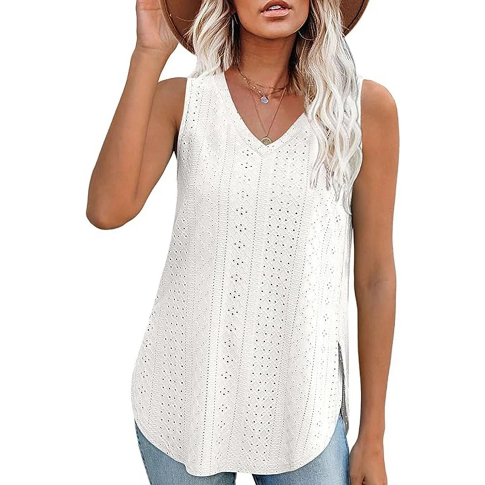 Women Sleeveless T Shirt V Neck Side Split Casual Hollow Out Solid Color Summer Tank Top White XL