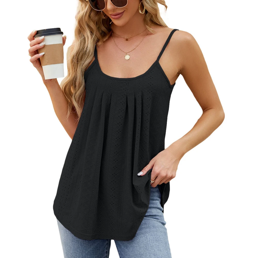 Women Spaghetti Strap Top Pleated Front Sleeveless Loose Fit U Neck Hollow Out Solid Color Summer Camisole Top Black S