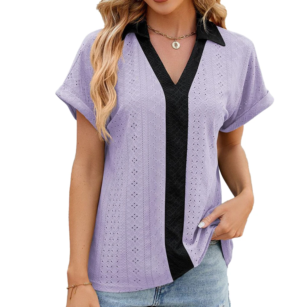 Stripe Color Block Blouse Hollow V Neckline Short Sleeve Color Block Blouse Top for Daily Life Purple XL