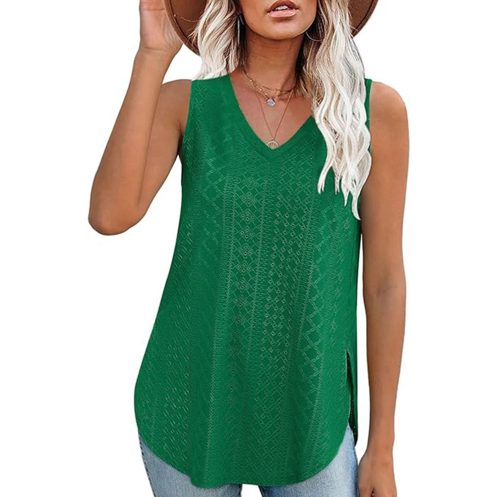 Women Sleeveless T Shirt V Neck Side Split Casual Hollow Out Solid Color Summer Tank Top Green XXL