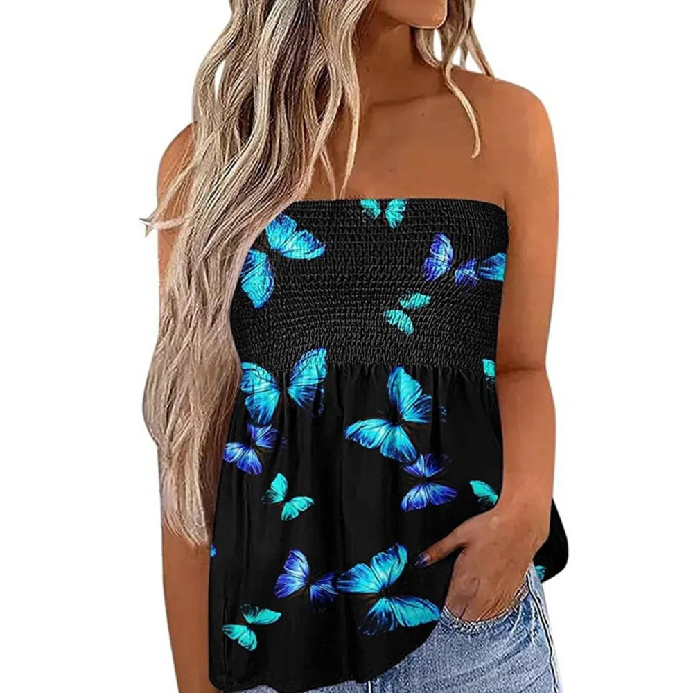 Women Strapless Tube Top Elastic Shirred Printed Ruffle Hem Sleeveless Blouse for Summer Wear Butterflies Print M