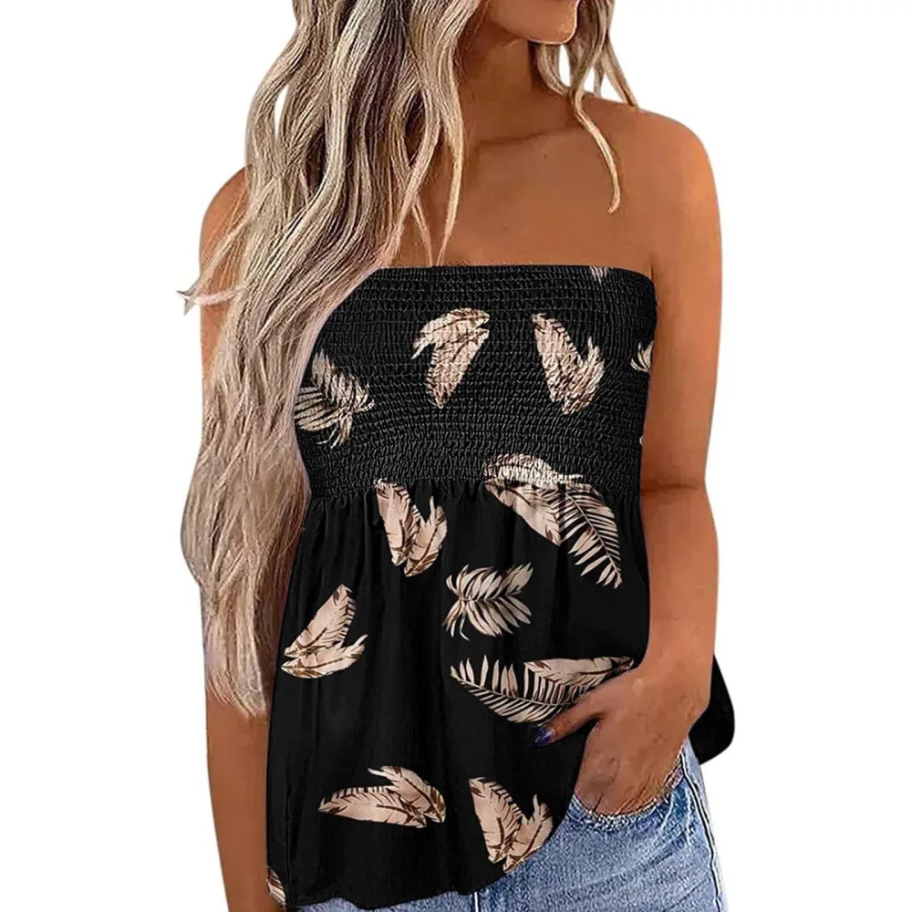 Women Strapless Tube Top Elastic Shirred Printed Ruffle Hem Sleeveless Blouse for Summer Wear Gold Feather L