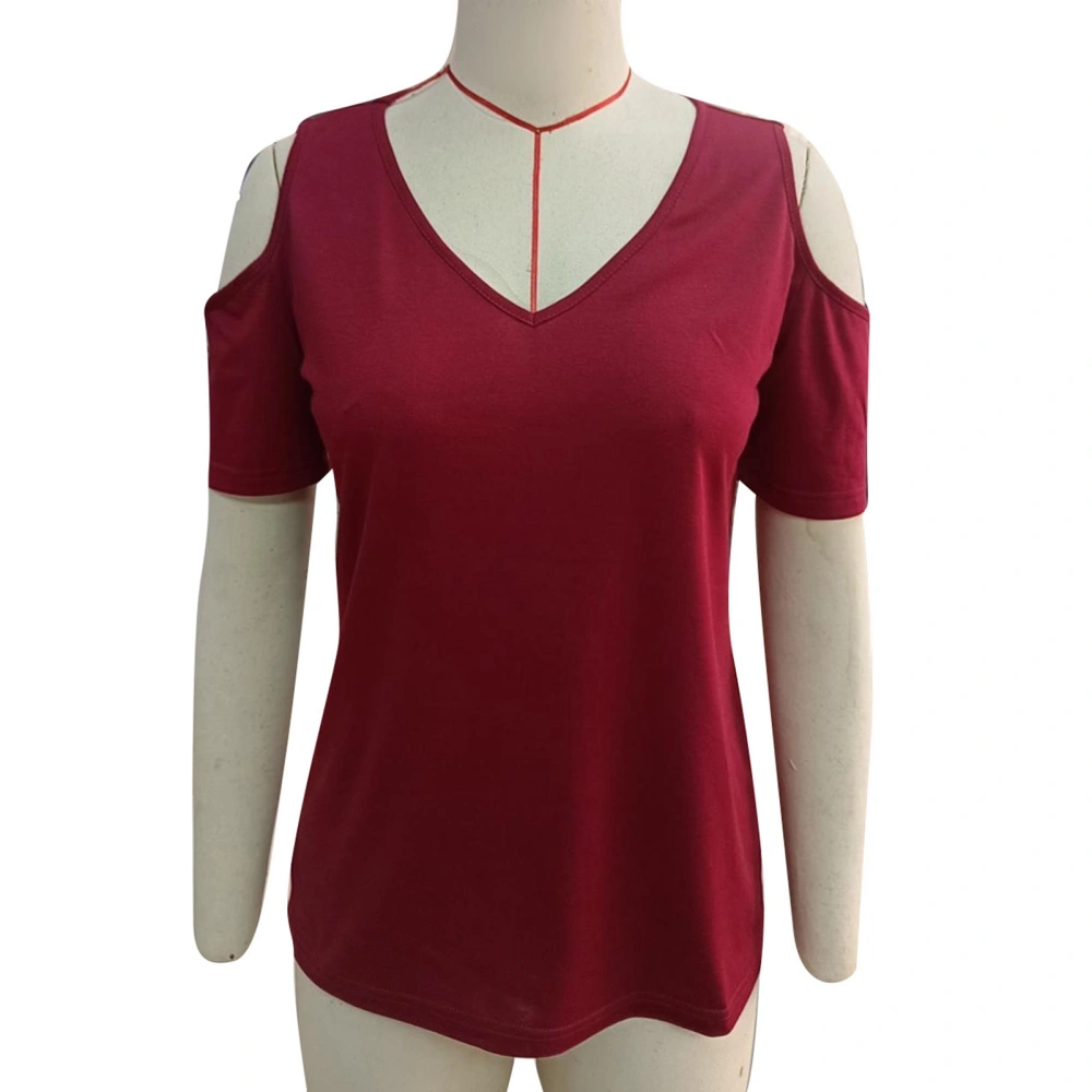 Women Cold Shoulder V Neck Top Short Sleeve Casual Loose Solid Color Summer Basic Tee Shirt Burgundy XS