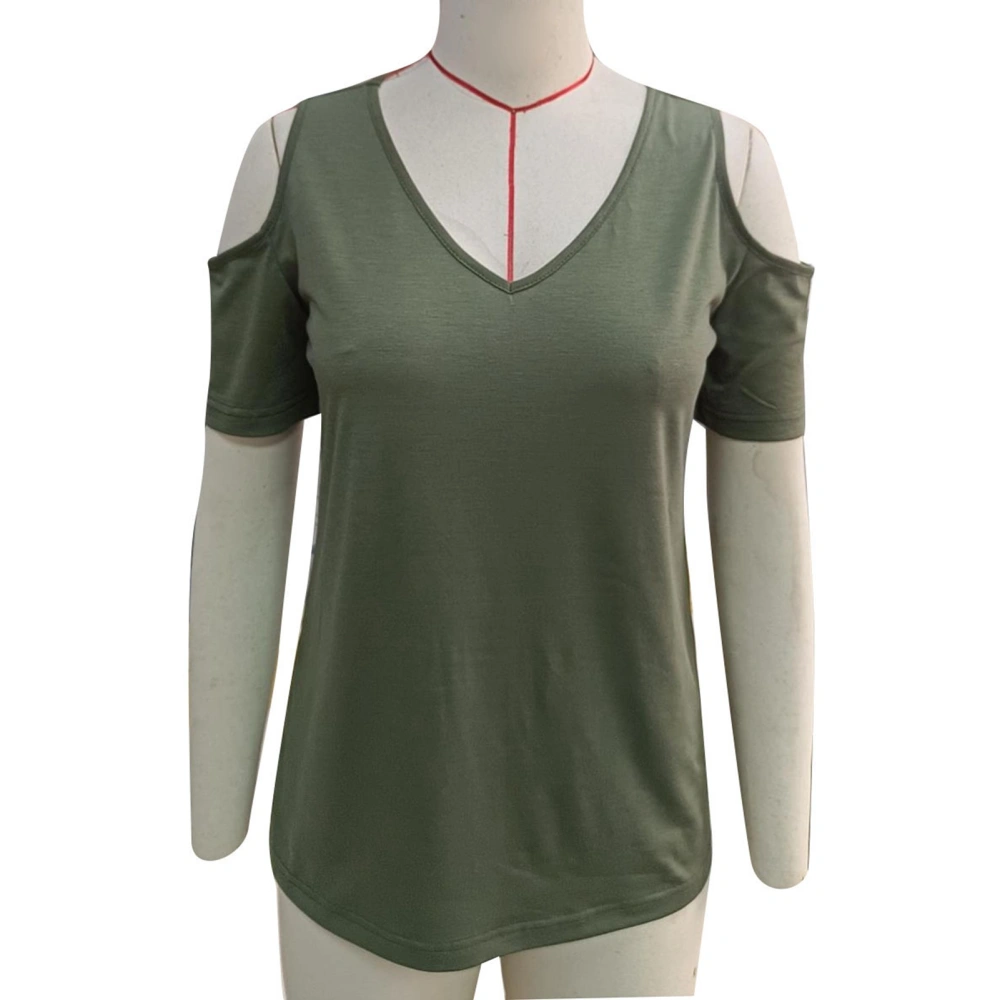 Women Cold Shoulder V Neck Top Short Sleeve Casual Loose Solid Color Summer Basic Tee Shirt OD Green S