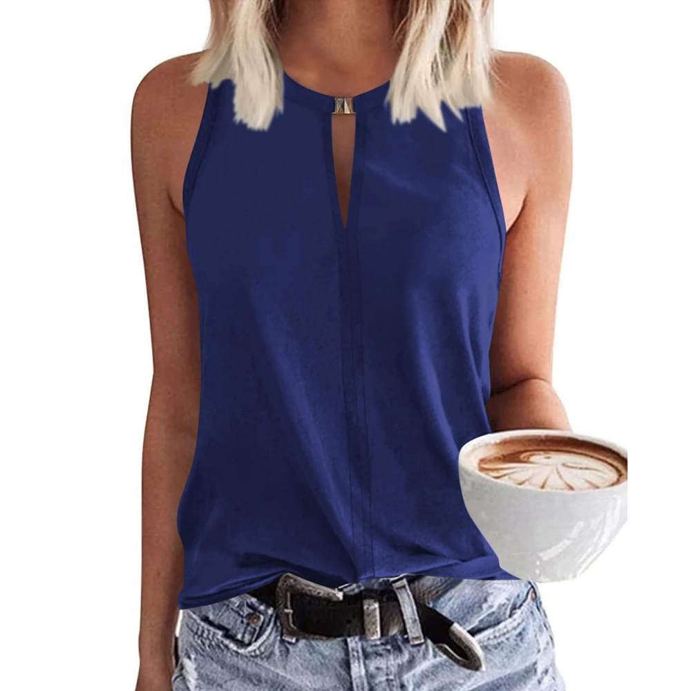 Women Round Neck Tank Top Front Button Pure Color Summer Sleeveless Vest for Daily Wear Blue 2XL