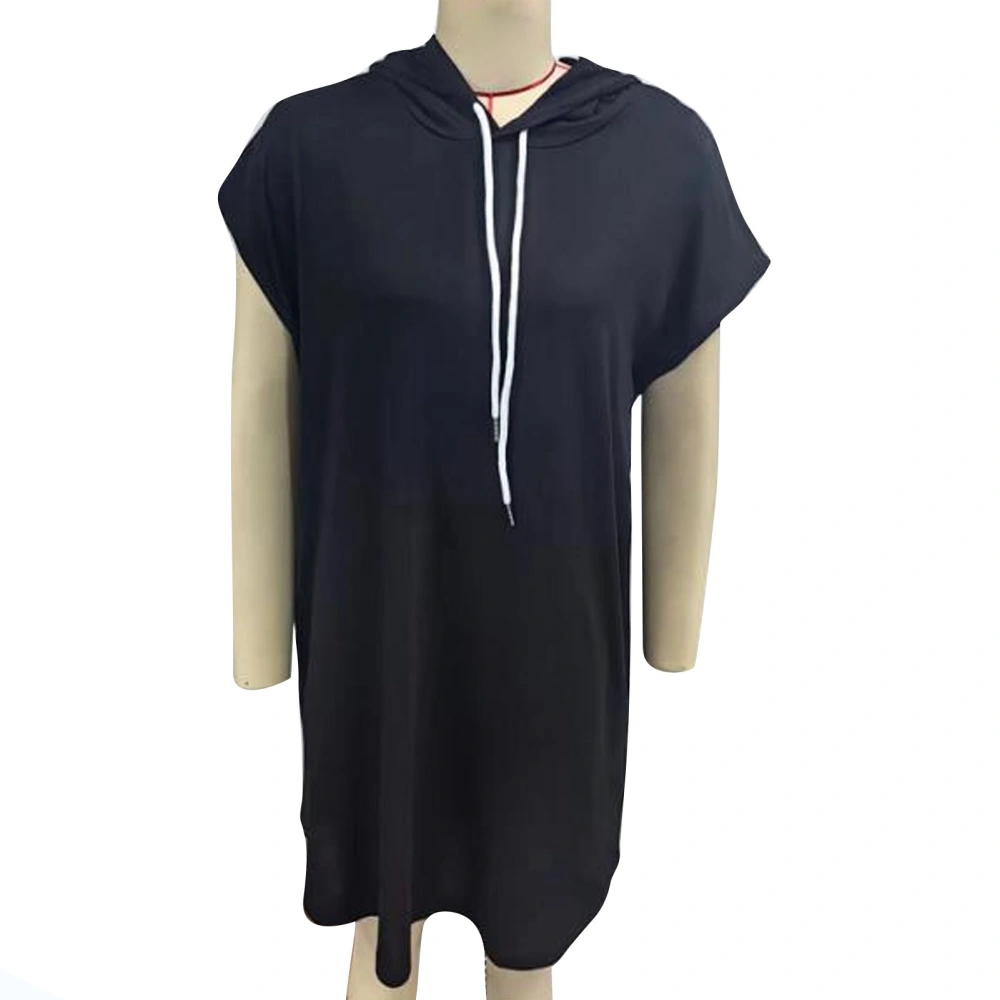 Women Sweatshirt Dress Short Batwing Sleeve Loose Fitting Hooded Drawstring Pullover Top Dress Black L