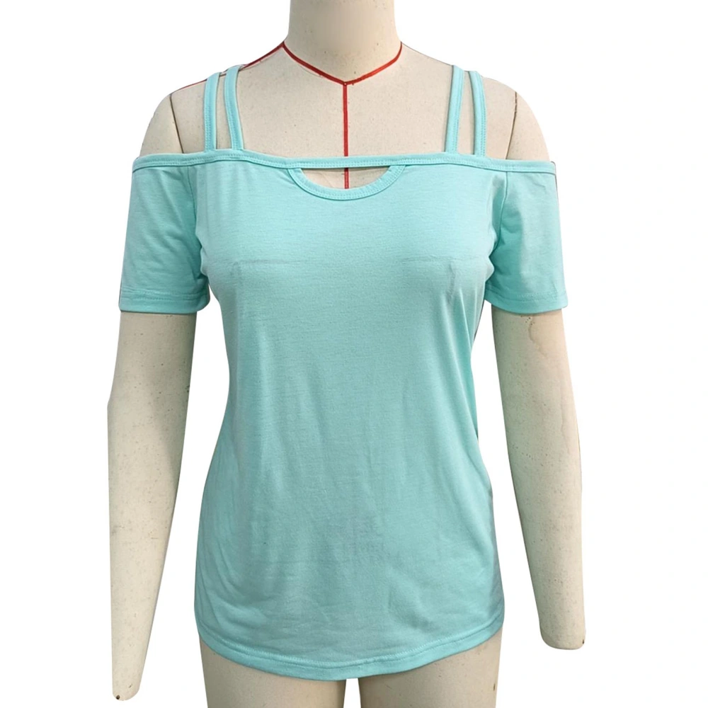 Women Cold Shoulder Short Sleeves Top Hollow Out Neckline Pure Color Casual T Shirt for Daily Wear Mint Green XL