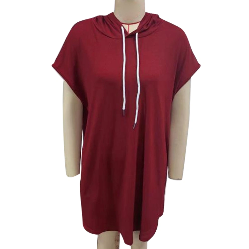 Hooded Drawstring Dress Short Sleeve Casual Fitted Women Hoodie Drawstring Dress for Dating Daily Life Burgundy S