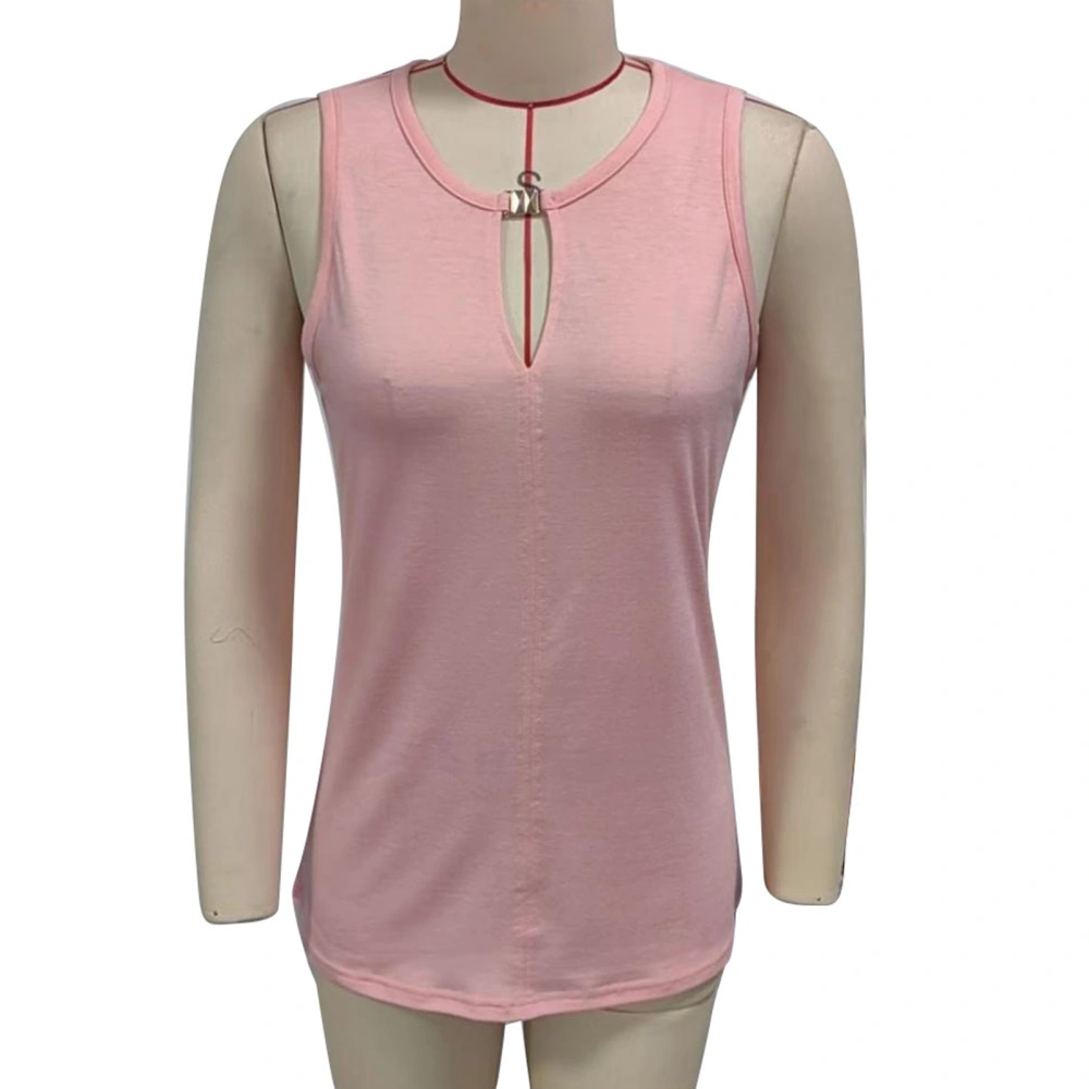 Women Round Neck Tank Top Front Button Pure Color Summer Sleeveless Vest for Daily Wear Pink L