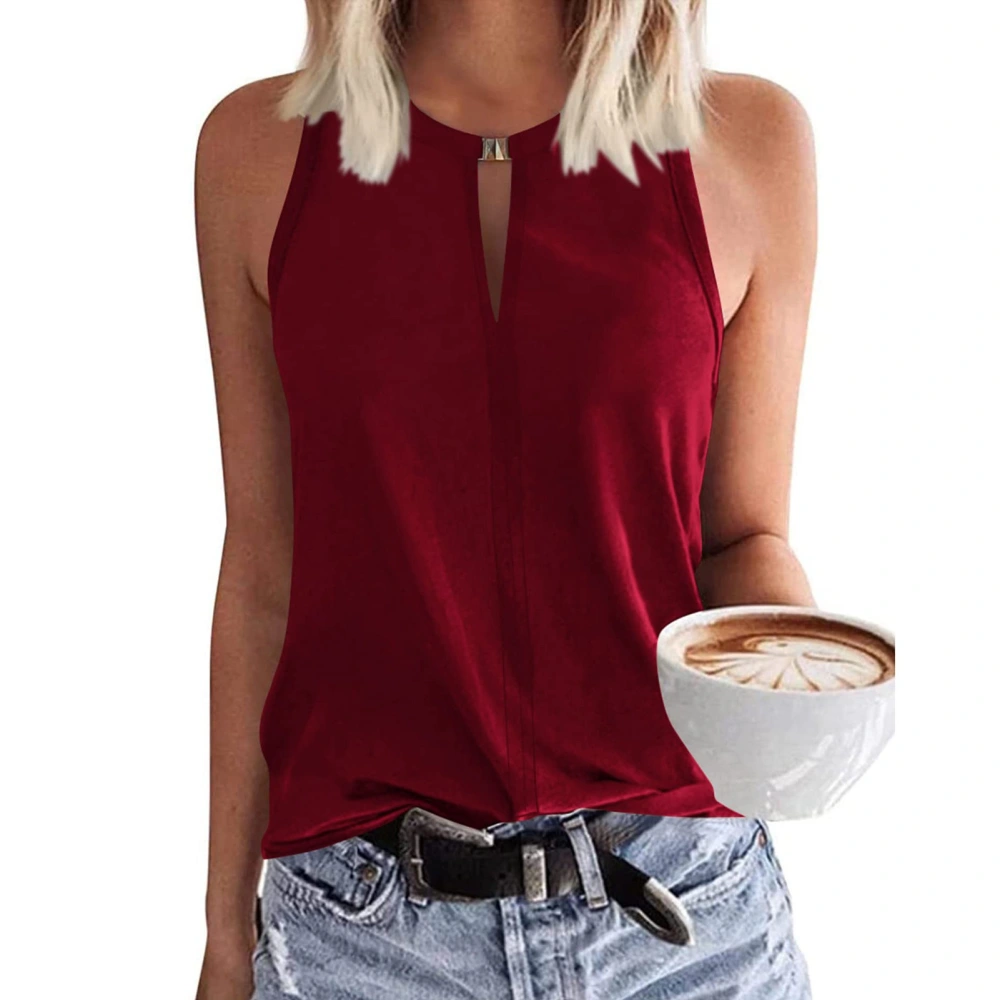 Women Round Neck Tank Top Front Button Pure Color Summer Sleeveless Vest for Daily Wear Red S