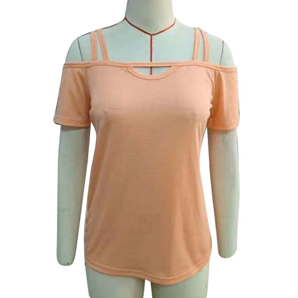 Women Cold Shoulder Short Sleeves Top Hollow Out Neckline Pure Color Casual T Shirt for Daily Wear Pink L