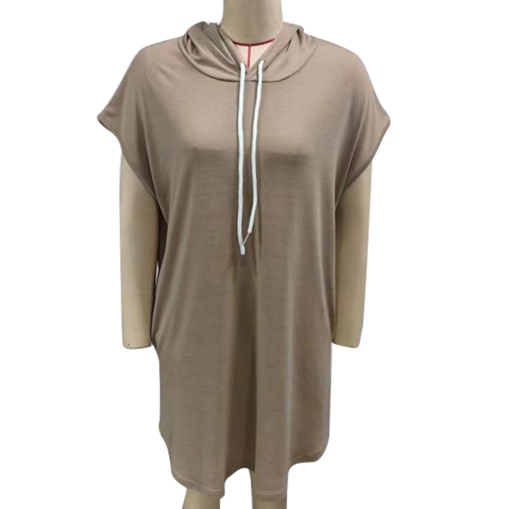 Hooded Drawstring Dress Short Sleeve Casual Fitted Women Hoodie Drawstring Dress for Dating Daily Life Khaki L