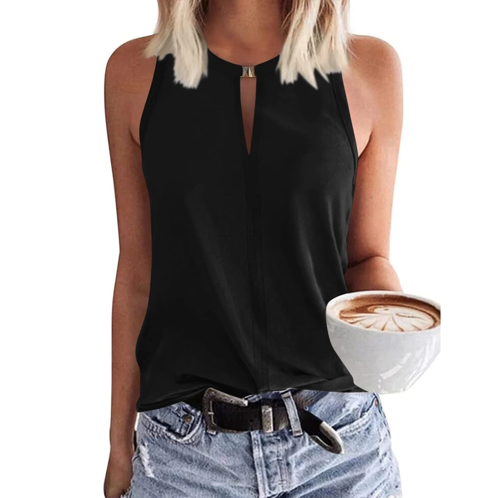 Women Round Neck Tank Top Front Button Pure Color Summer Sleeveless Vest for Daily Wear Black L