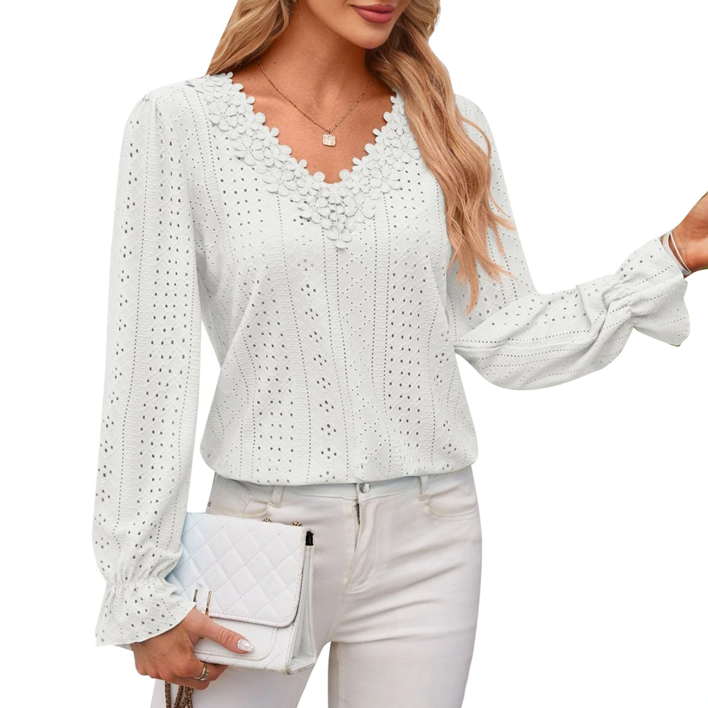 Lace V Neckline Blouse Casual Fitted Plain Color Hollow V Neck Lace Long Sleeve Blouse for Women White M