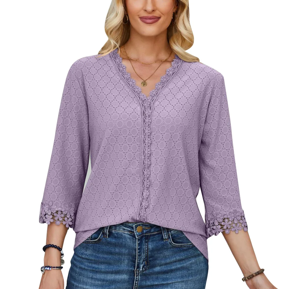 Women V Neck Blouse Lace Splicing Three Quarter Sleeves Casual Loose Top for Daily Wear Purple L