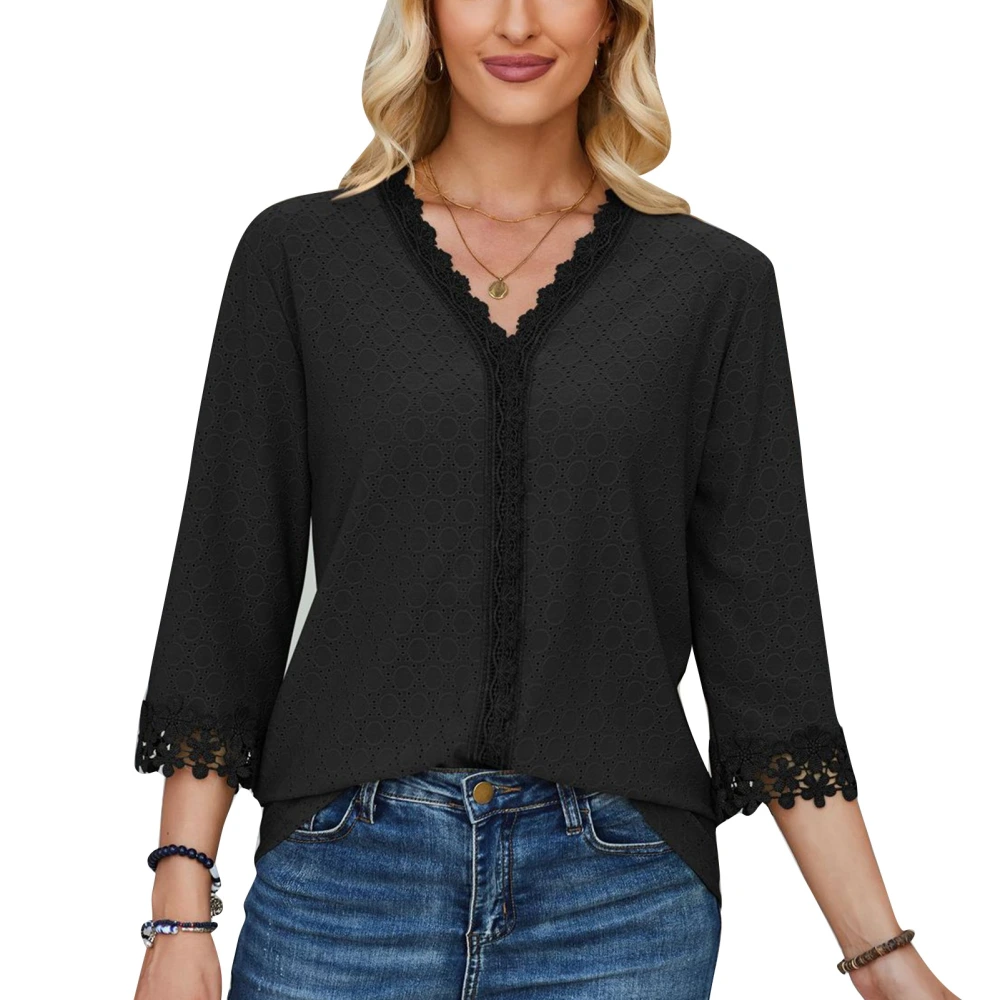 Women V Neck Blouse Lace Splicing Three Quarter Sleeves Casual Loose Top for Daily Wear Black XL