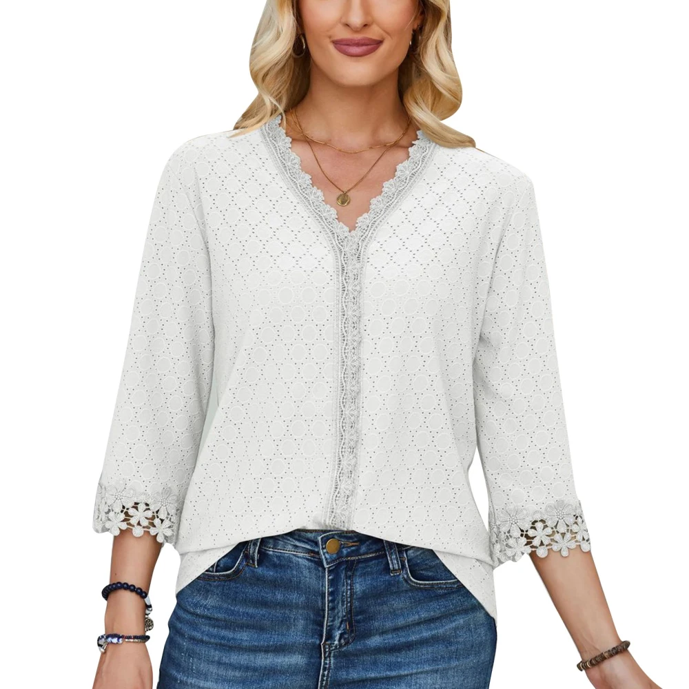 Women V Neck Blouse Lace Splicing Three Quarter Sleeves Casual Loose Top for Daily Wear White L