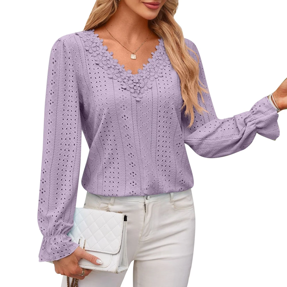 Lace V Neckline Blouse Casual Fitted Plain Color Hollow V Neck Lace Long Sleeve Blouse for Women Purple M