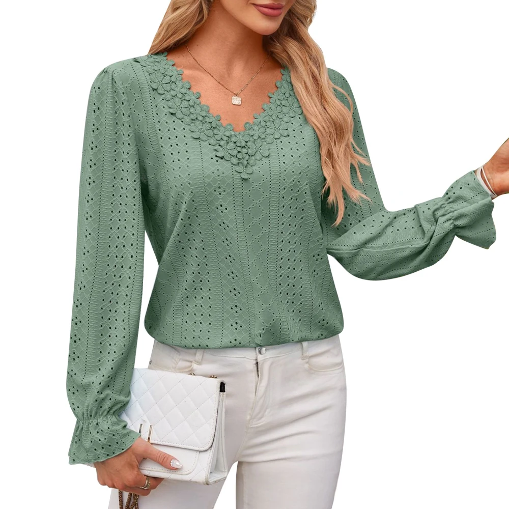 Lace V Neckline Blouse Casual Fitted Plain Color Hollow V Neck Lace Long Sleeve Blouse for Women Green M