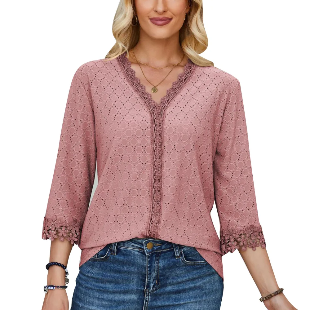 Women V Neck Blouse Lace Splicing Three Quarter Sleeves Casual Loose Top for Daily Wear Beige XL