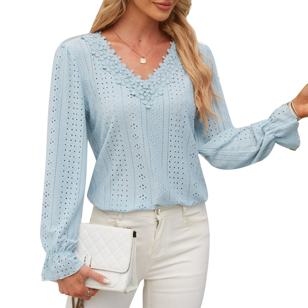 Lace V Neckline Blouse Casual Fitted Plain Color Hollow V Neck Lace Long Sleeve Blouse for Women Blue XL