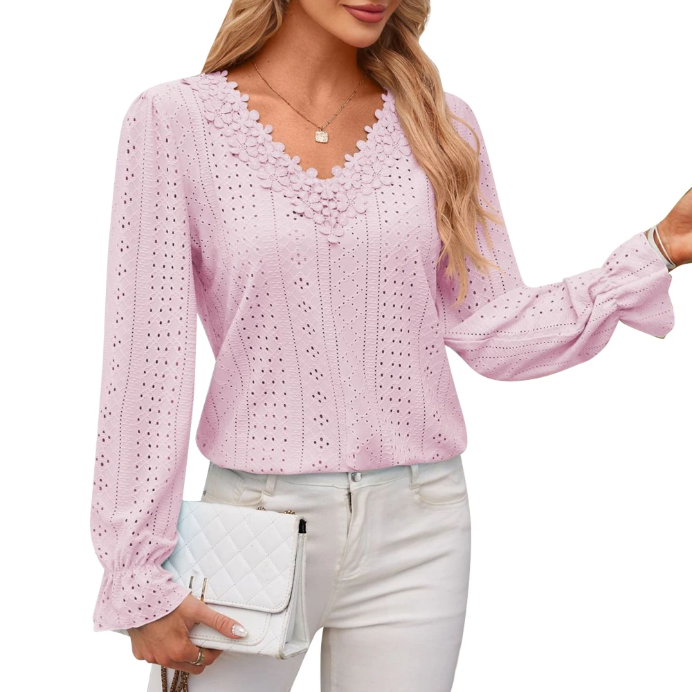 Lace V Neckline Blouse Casual Fitted Plain Color Hollow V Neck Lace Long Sleeve Blouse for Women Pink XL