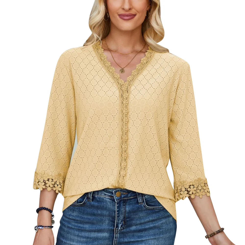 Women V Neck Blouse Lace Splicing Three Quarter Sleeves Casual Loose Top for Daily Wear Yellow XL