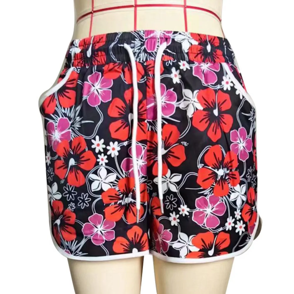 Women Printed Summer Shorts Drawstring Elastic Waist Large Pocket Female Casual Printed Beach Shorts Red XL