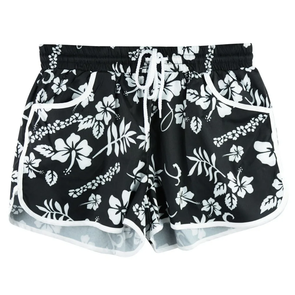 Women Printed Summer Shorts Drawstring Elastic Waist Large Pocket Female Casual Printed Beach Shorts Black L