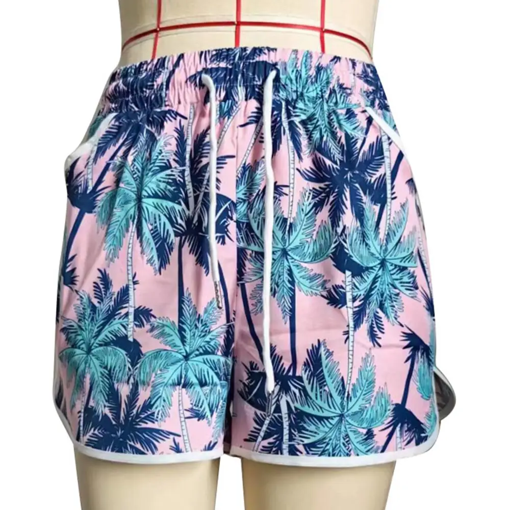 Women Printed Summer Shorts Drawstring Elastic Waist Large Pocket Female Casual Printed Beach Shorts Pink L