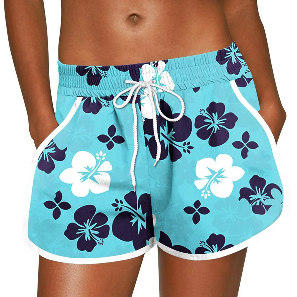 Women Printed Summer Shorts Drawstring Elastic Waist Large Pocket Female Casual Printed Beach Shorts Lake Blue M