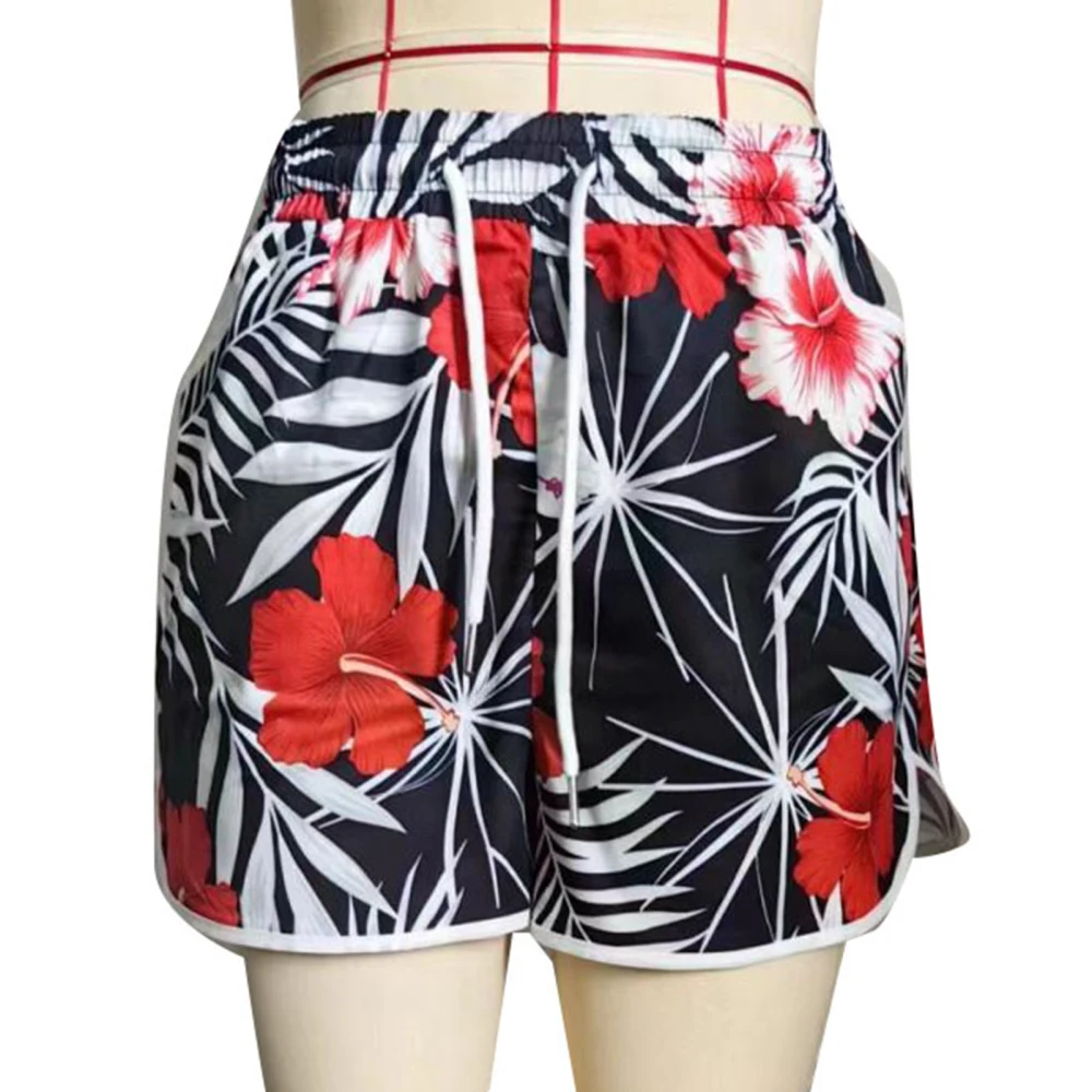 Women Printed Summer Shorts Drawstring Elastic Waist Large Pocket Female Casual Printed Beach Shorts Floral S