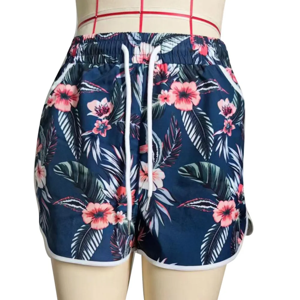 Women Printed Summer Shorts Drawstring Elastic Waist Large Pocket Female Casual Printed Beach Shorts Purplish Blue S