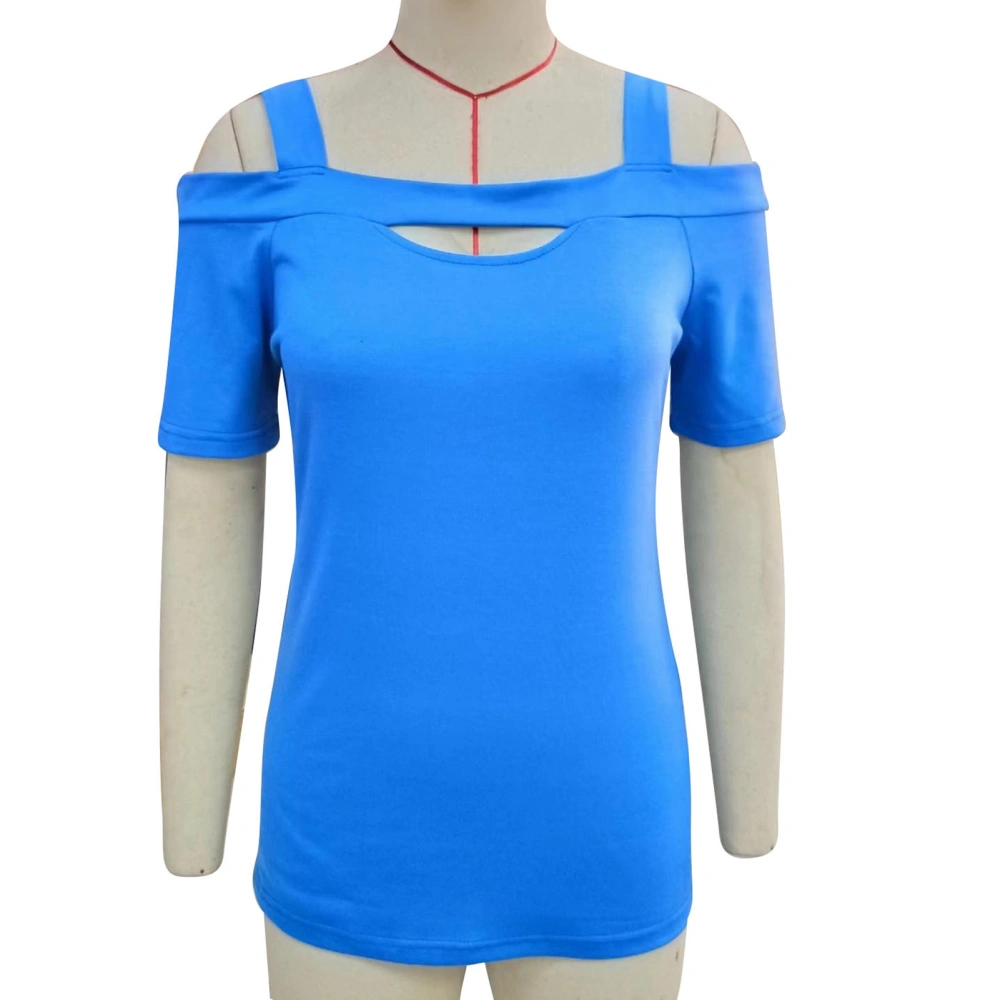 Women Cold Shoulder Tee Shirt Casual Loose Short Sleeve Breathable Solid Color Cut Out Front Top Blue XXL