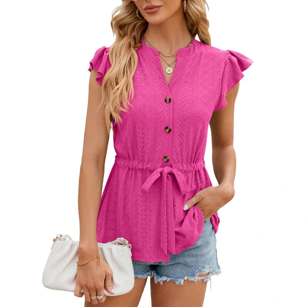 Ruffles Bandage Sleeveless Blouse Gather Waisted Plain Color Button Up Ruffles Wrap Sleeveless Blouse Pink XL