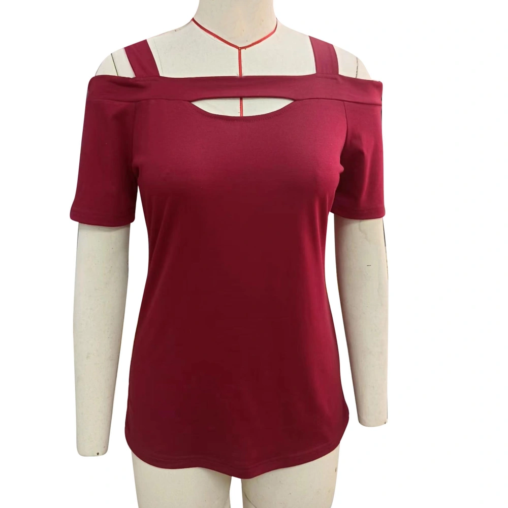 Women Cold Shoulder Tee Shirt Casual Loose Short Sleeve Breathable Solid Color Cut Out Front Top Burgundy XS