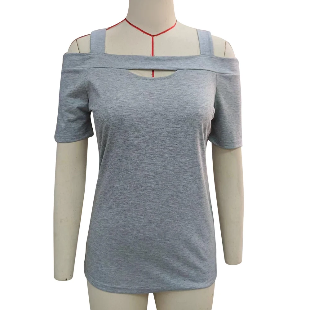 Women Cold Shoulder Tee Shirt Casual Loose Short Sleeve Breathable Solid Color Cut Out Front Top Grey XXL