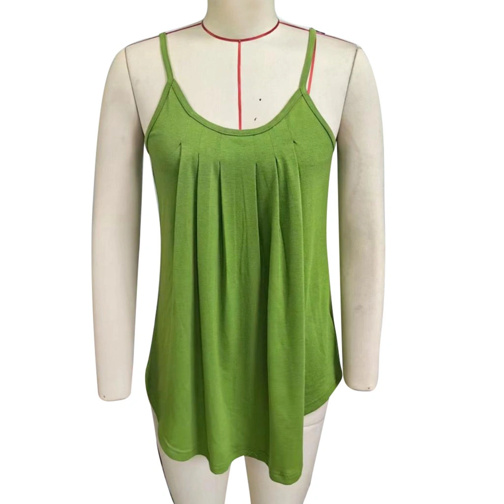 Women Spaghetti Straps Tank Top U Neck Front Pleated Loose Fitting Pure Color Summer Sleeveless Vest Green XL