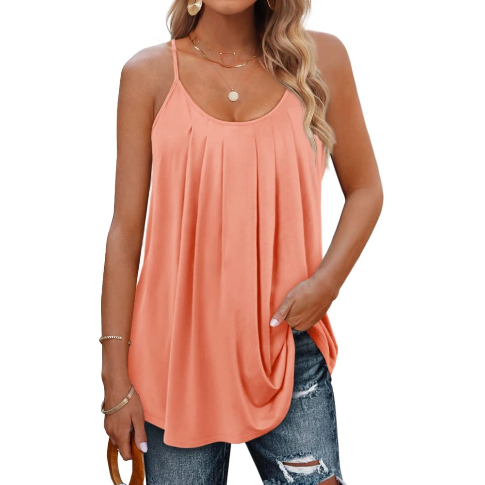 Women Spaghetti Straps Tank Top U Neck Front Pleated Loose Fitting Pure Color Summer Sleeveless Vest Pink L