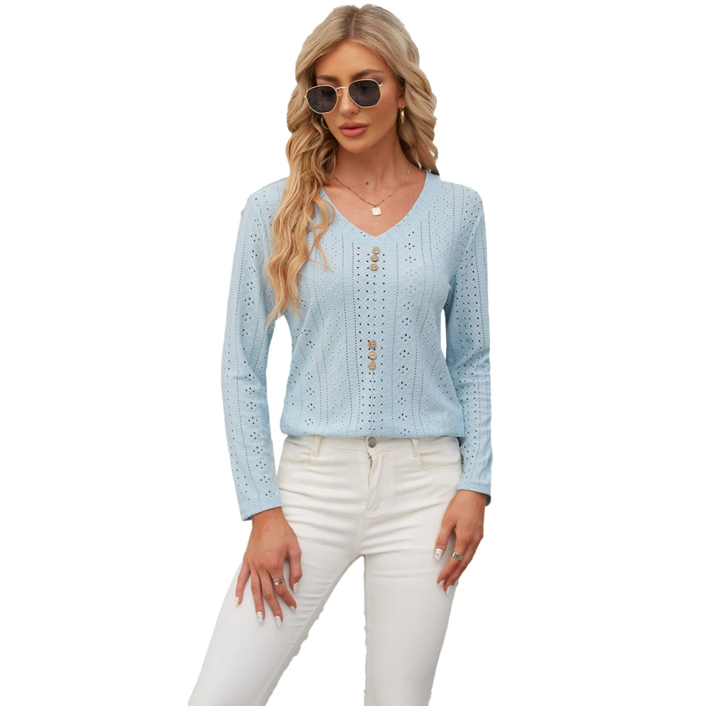 Woman Long Sleeve V Neck Top Front Button Hollow Floral Pattern Pullover Tops for Office Outdoor Shopping Party Blue XL